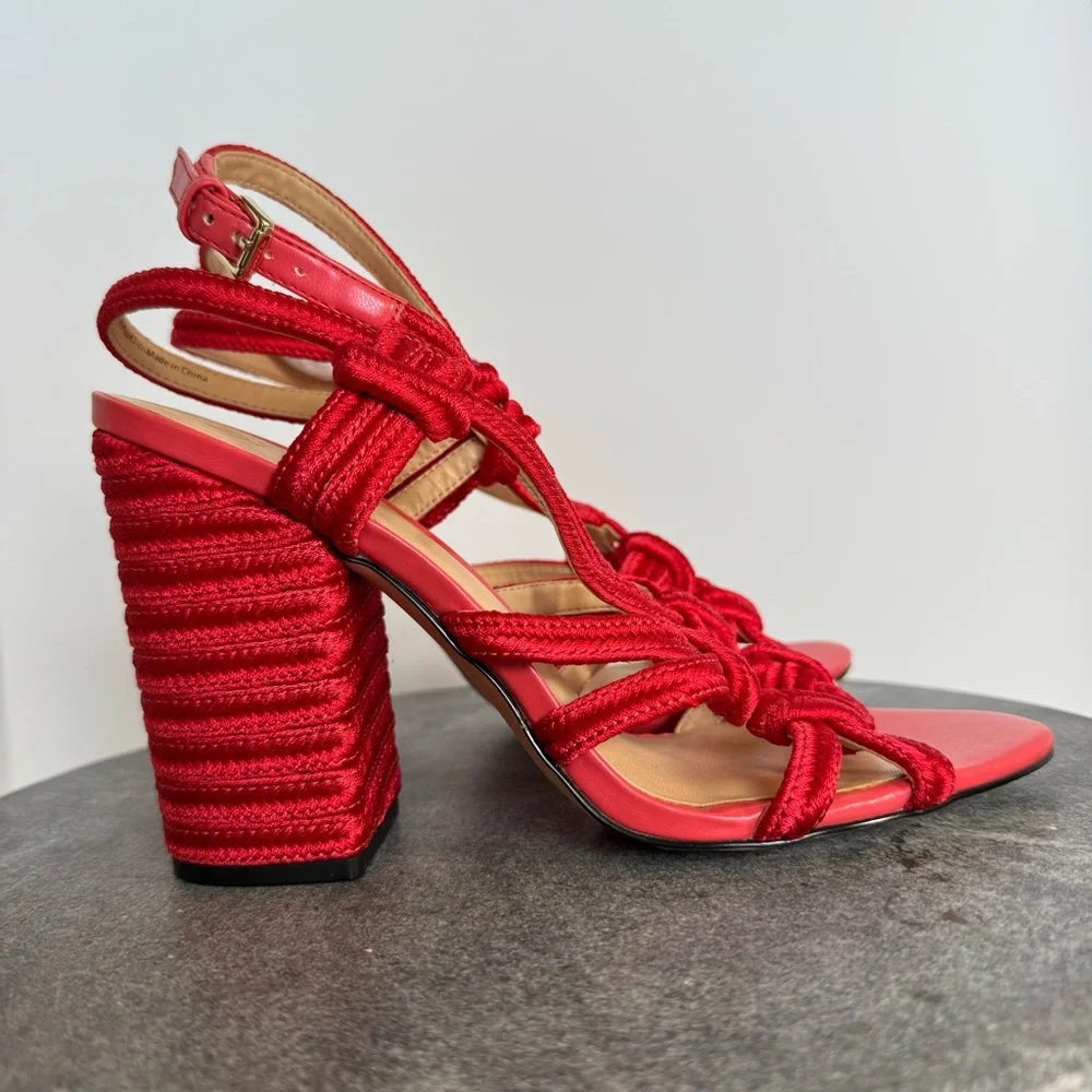 CAbi Red Tiptoe Tope Sandals Block Heels 9